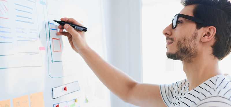 Man writing on a dry erase board.