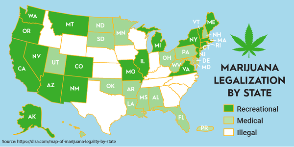 A map of the United States showing where marijuana usage is illegal, medically legal and/or recreationally legal.