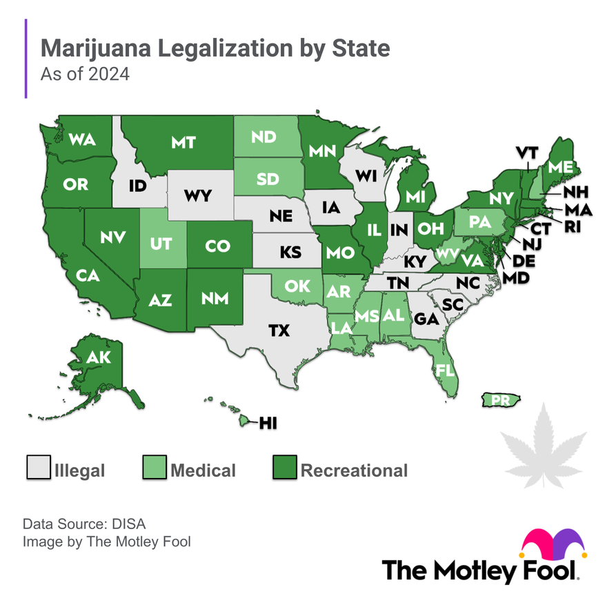 Map breaking down marijuana legalization by state in 2024.