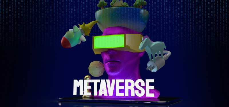 A cartoon person wearing a VR headset with the word Metaverse above.