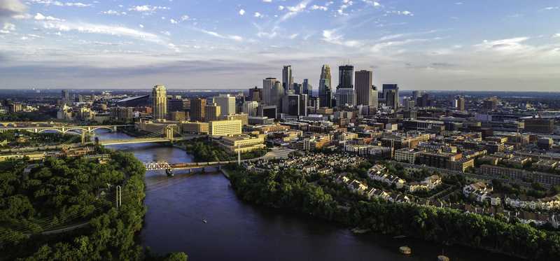 The Minneapolis, Minnesota, skyline over the Mississippi River.