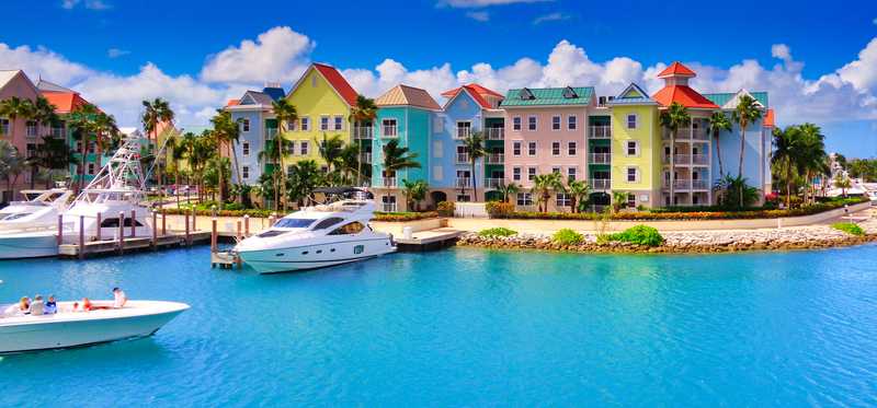 Colorful houses on the coast in Nassau, Bahamas.
