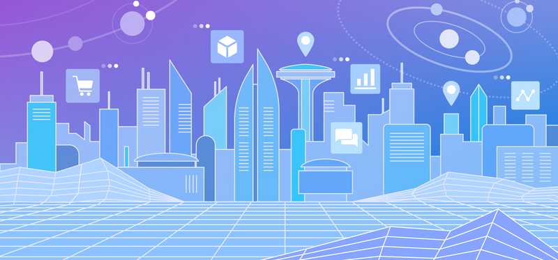 A virtual city rises from an empty digital plane.
