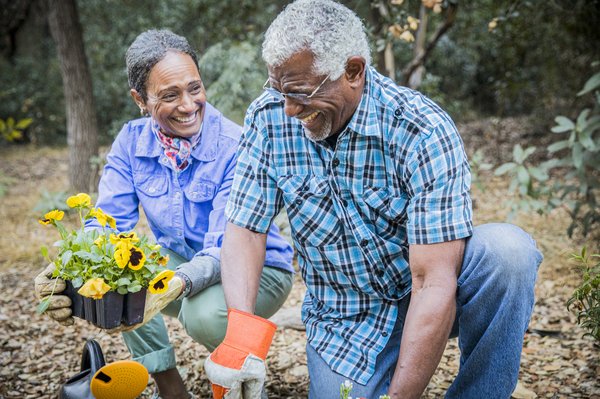 Two people smiling while gardening.