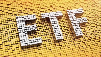The letters "ETF" against a yellow background.