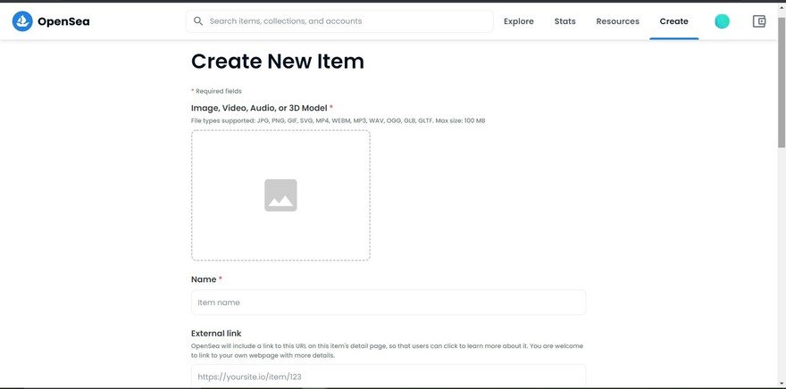 The "Create New Item" page on OpenSea.