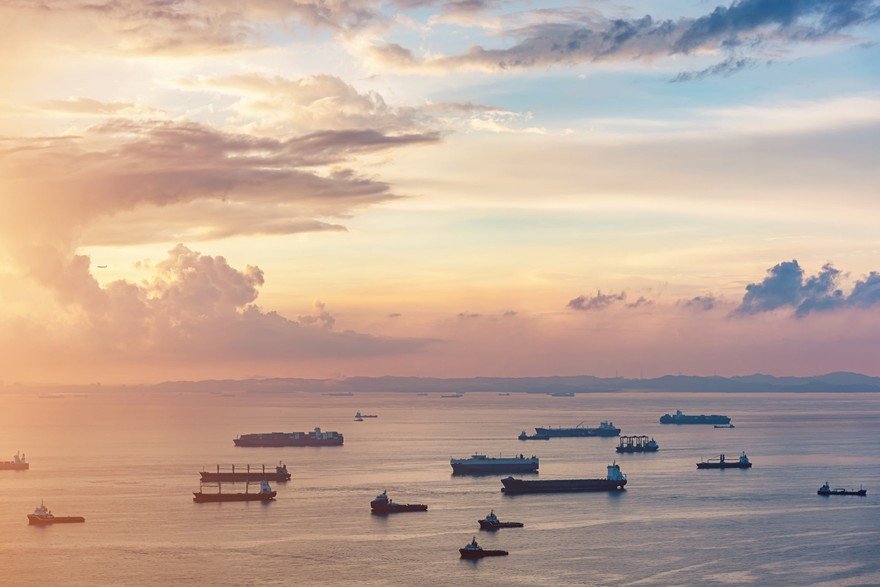 Aerial view of ships waiting to come to port.