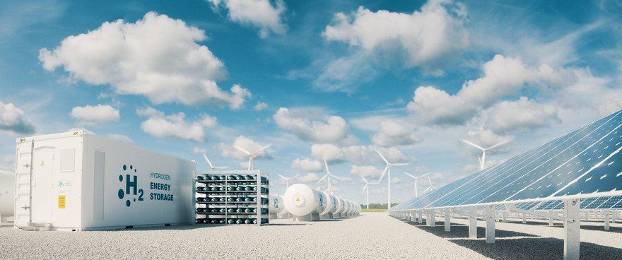 A hydrogen energy storage system near solar panels.