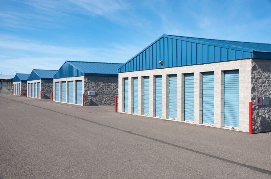 Exterior of several self-storage buildings.