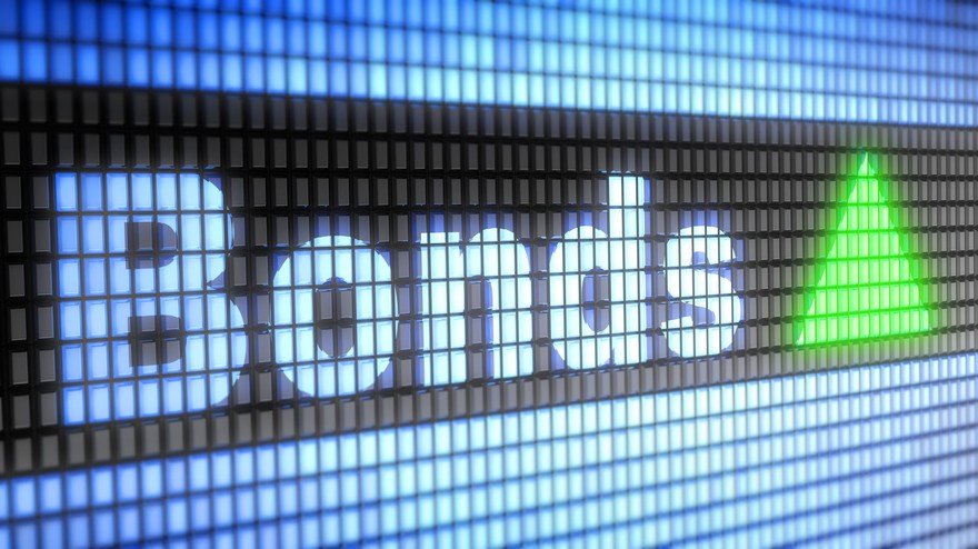 The word bonds in blue electronic block letters next to a green arrow pointing upward