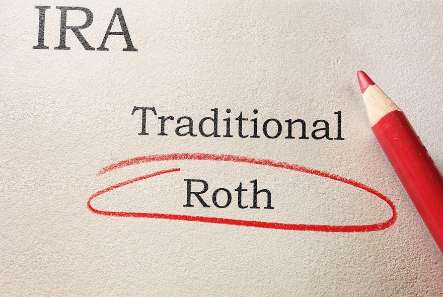 Paper with the words IRA, Traditional and Roth written on it and the word Roth circled.