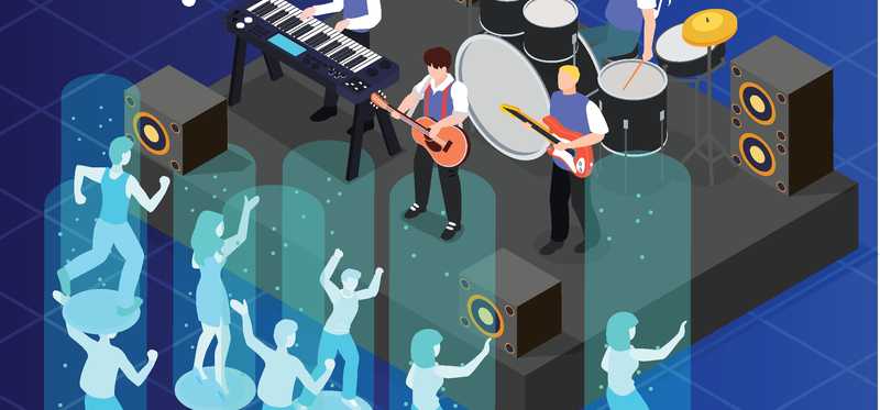A band plays for a virtual audience full of dancing people.