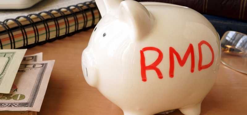 piggy bank with RMD written on its side next to stack of paper money