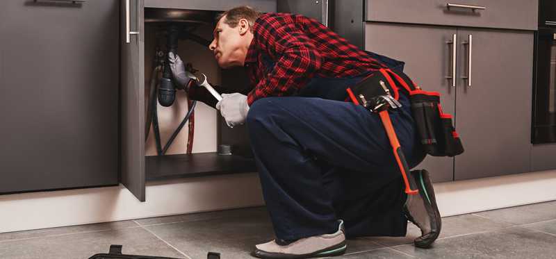 Plumber working under sink.