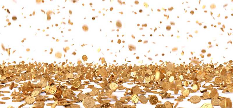 Gold coins raining down from the sky.