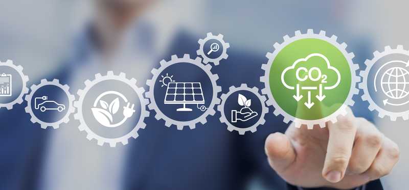 Several renewable-energy-related icons with a hand pointing at one.