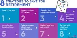 A graphic listing 8 strategies to save money for retirement.