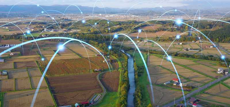 Imaginary lines atop a rural scene with highways, homes, and a river.