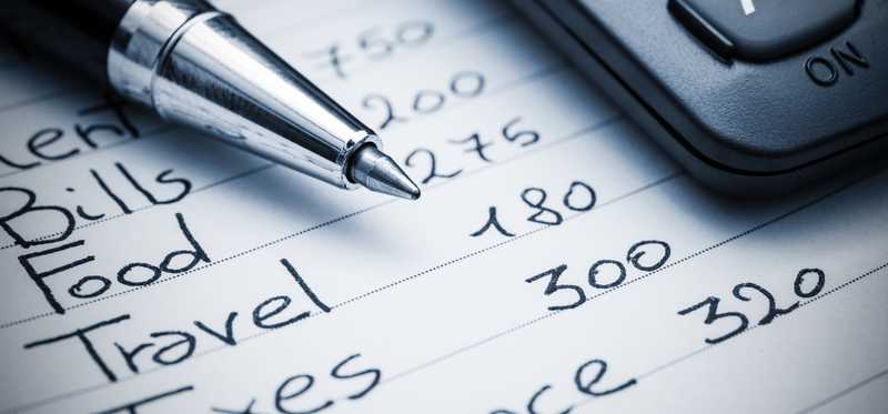 A household budget written out on notebook paper.