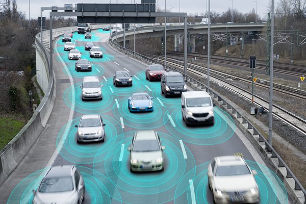 Self driving cars sensors on highway.