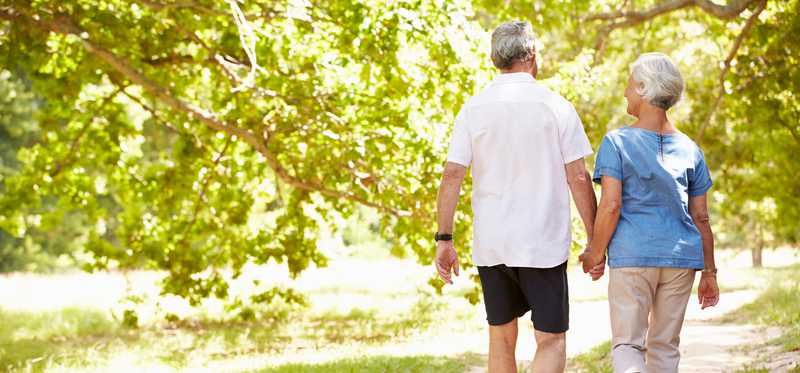 Two people walking on path and holding hands.