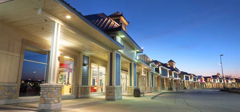 An open-air shopping center or strip mall.