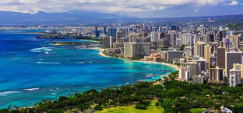 Skyline of Honolulu, Hawaii, and Waikiki Beach.
