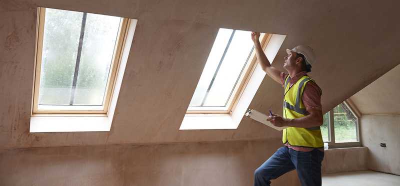 A man measures skylights in a ceiling. 