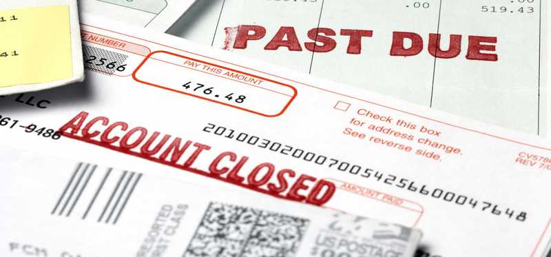 Bills stamped Past Due and Account Closed.