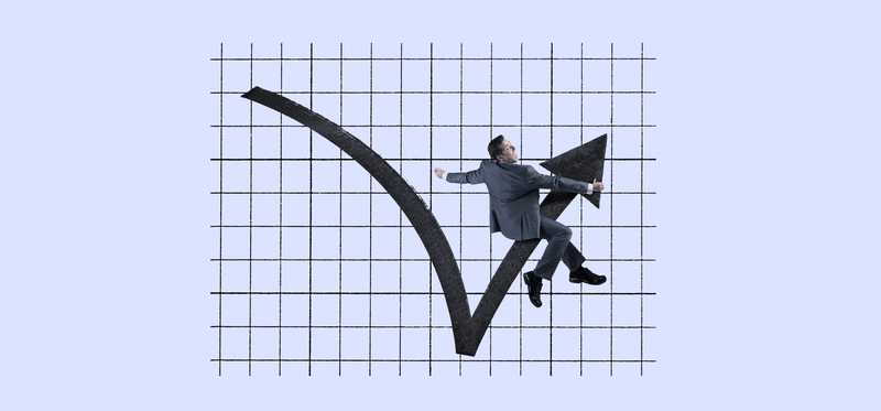 Person rides a rebounding arrow on a graph background.
