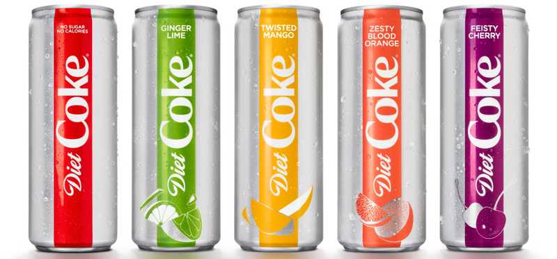 Colorful cans of Diet Coke in different flavors.
