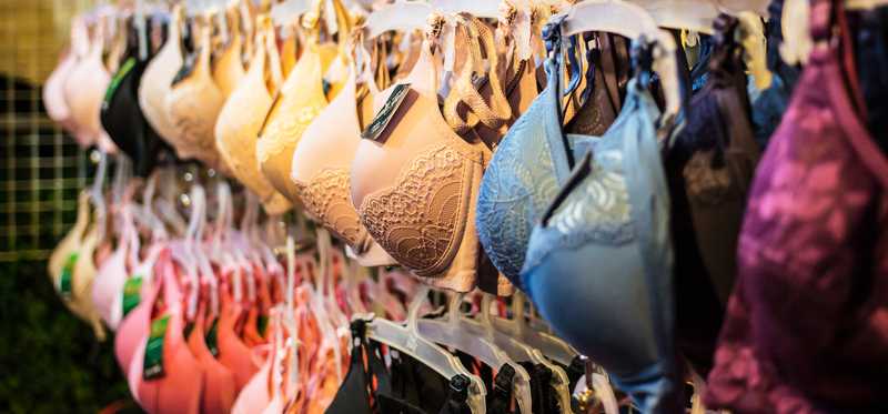 A display of bras in a store.