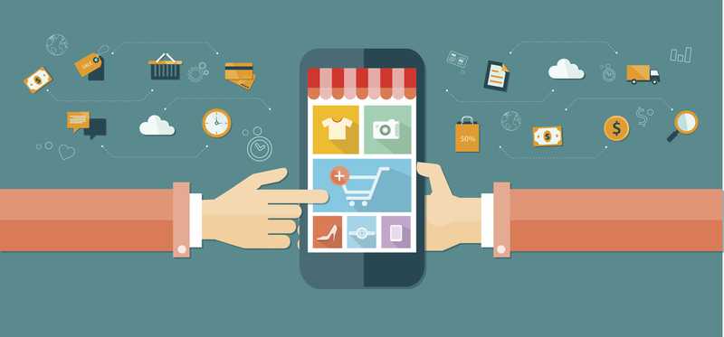 Cartoon graphic illustrating online shopping on a mobile phone.