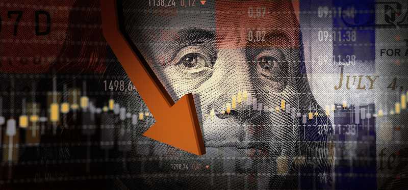 Red arrow crashing down over background of hundred dollar bill.