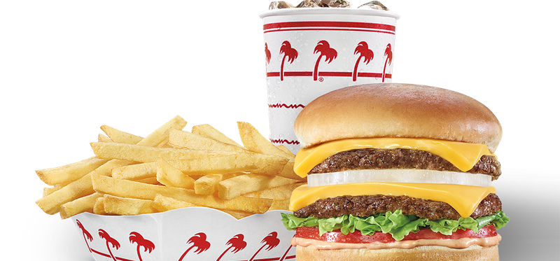 An In-N-Out burger meal with fries and a drink.
