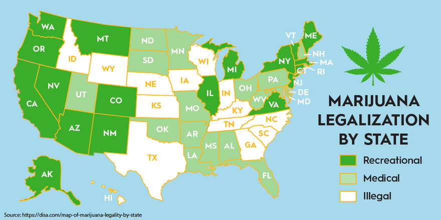 map of marijuana legalization within the United States