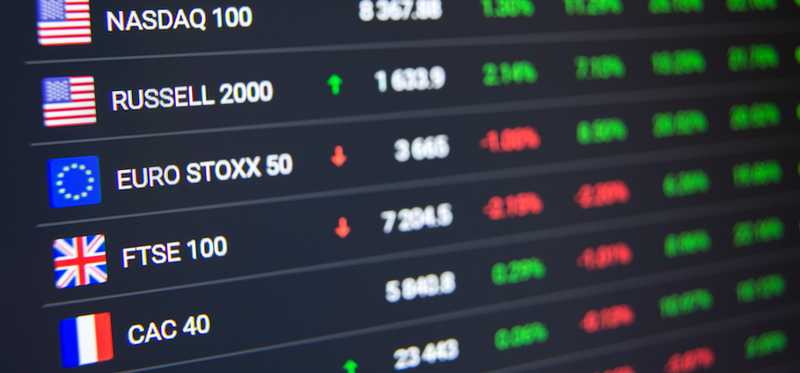 Computer screen with world stock market data.