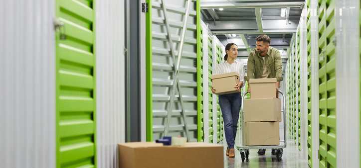 People moving boxes into self storage unit.