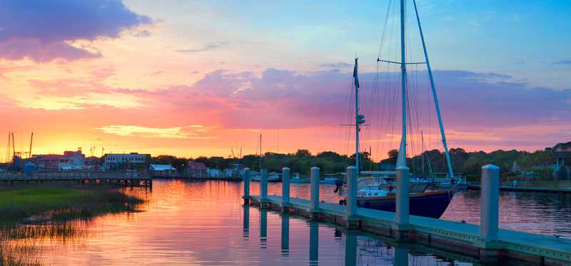 Sunrise over a sailboat docked near Charleston, South Carolina.