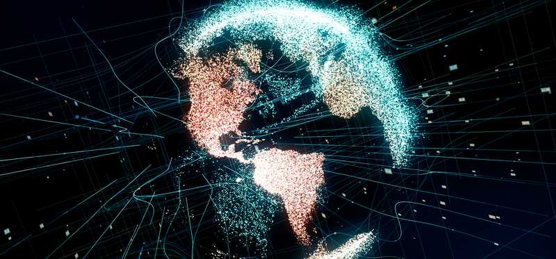 The globe from space with the Americas lit up.