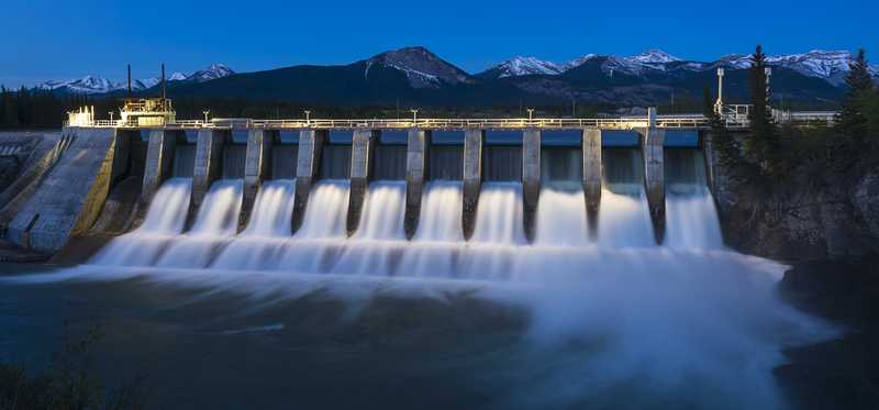 A hydroelectric dam at evening.