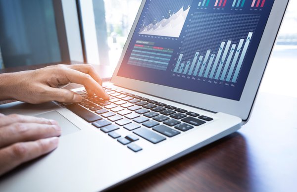 A person looking at data and analytics on a laptop.