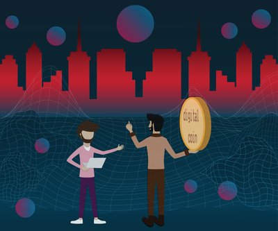 A person trades a virtual token for a digital deed in front of a virtual city backdrop.