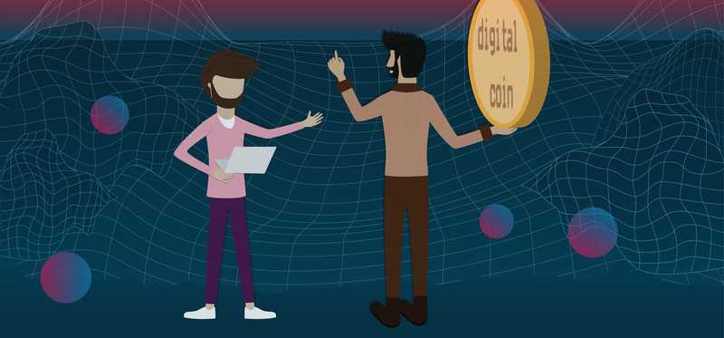 One person holds a digital coin and another holds digital paperwork in front of a digital city.
