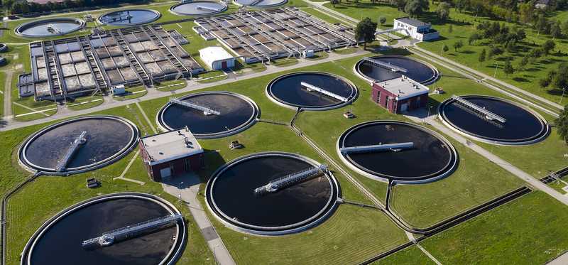 An aerial view of a wastewater treatment plant.