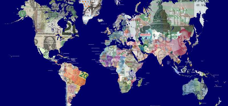 World map made up of different currencies.