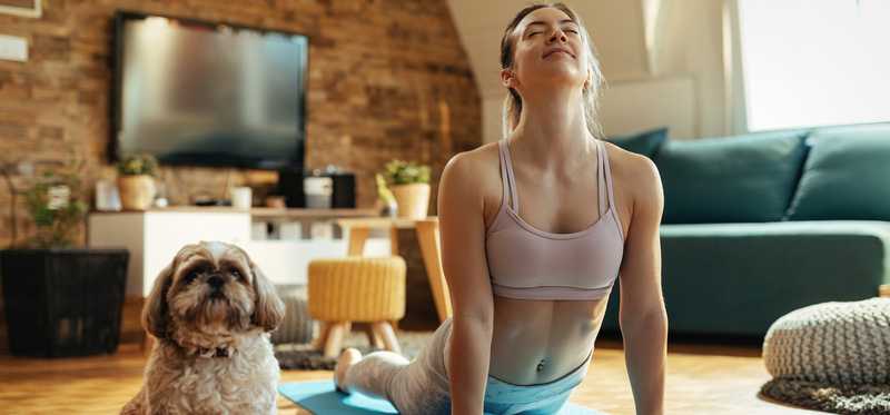 Young woman in workout clothes doing yoga next to dog