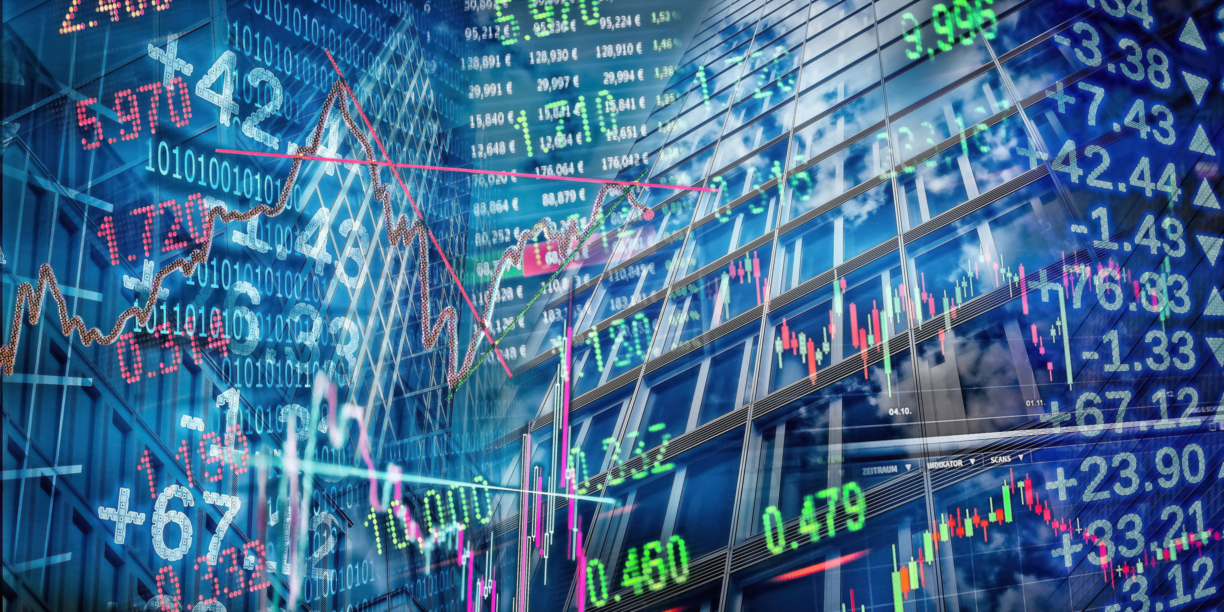 Busy stock market Stock market numbers and arrows and lines.