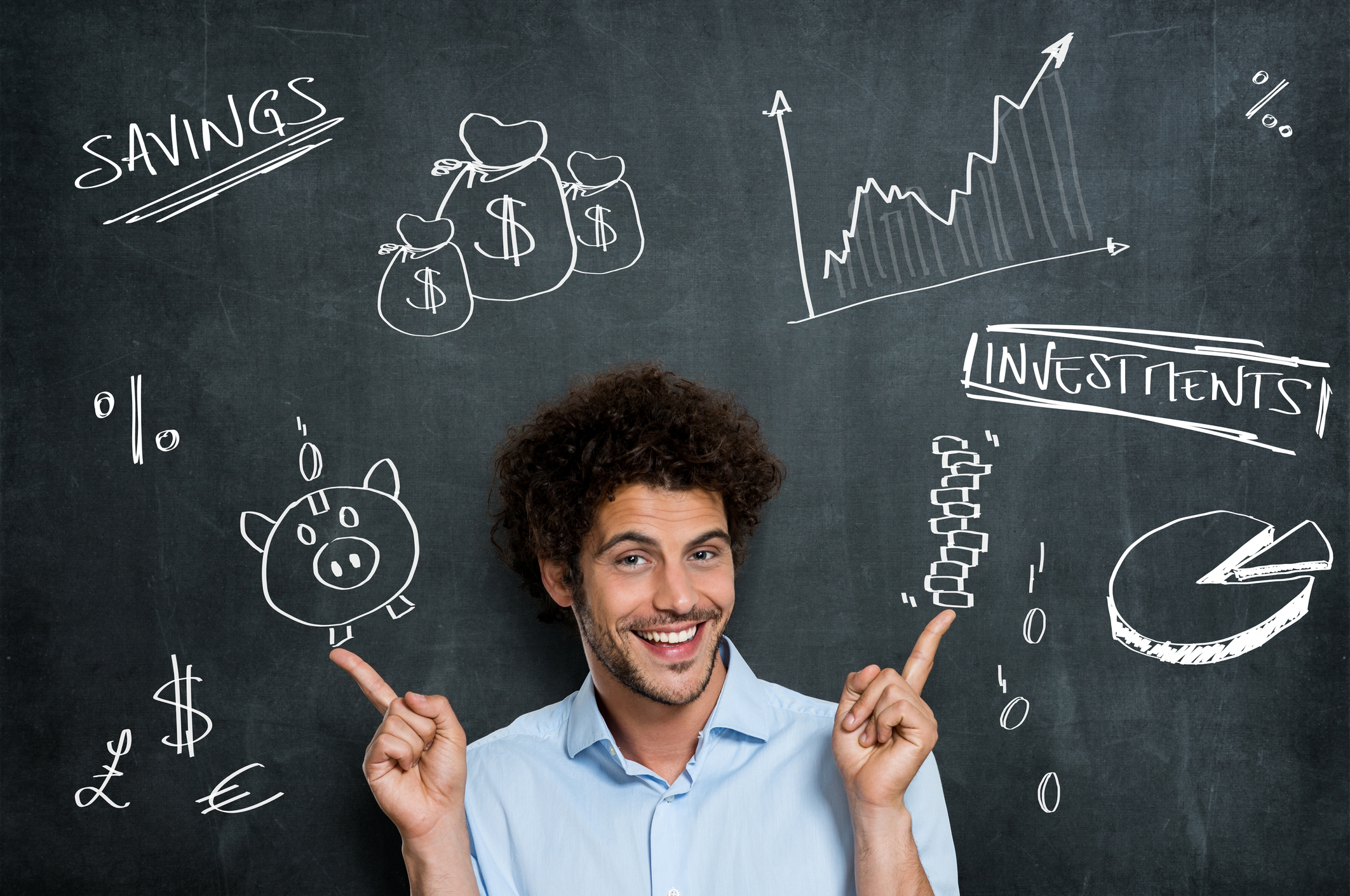 Man in front of blackboard with investing-related pictures and words drawn on it Person in front of blackboard with investing-related pictures and words drawn on it.