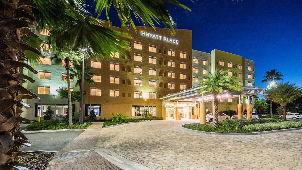 The exterior of a Hyatt hotel. The exterior of a Hyatt hotel.